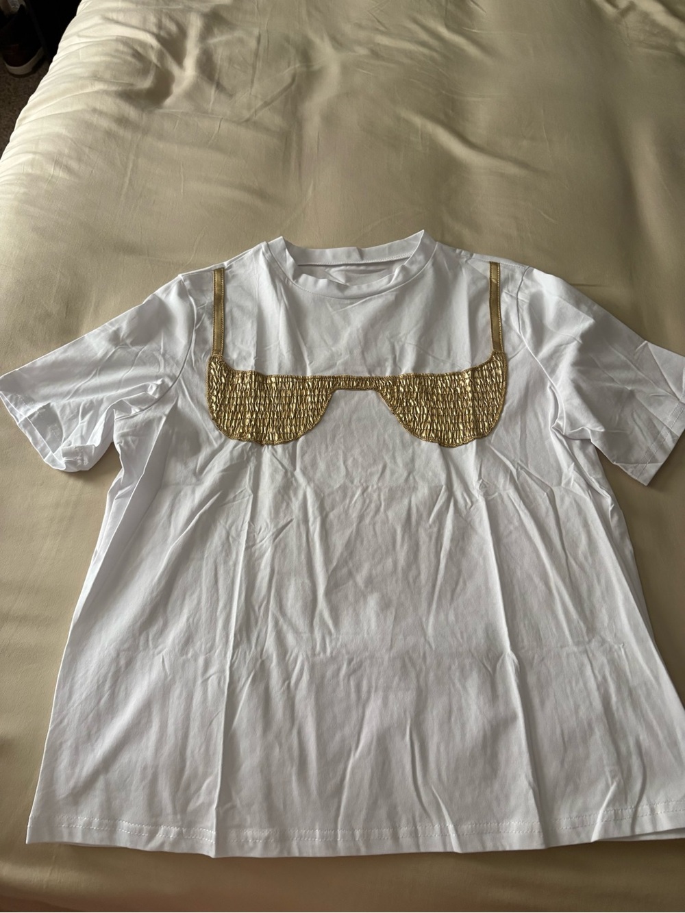White Short-Sleeve Tee with Gold Embellished Detail